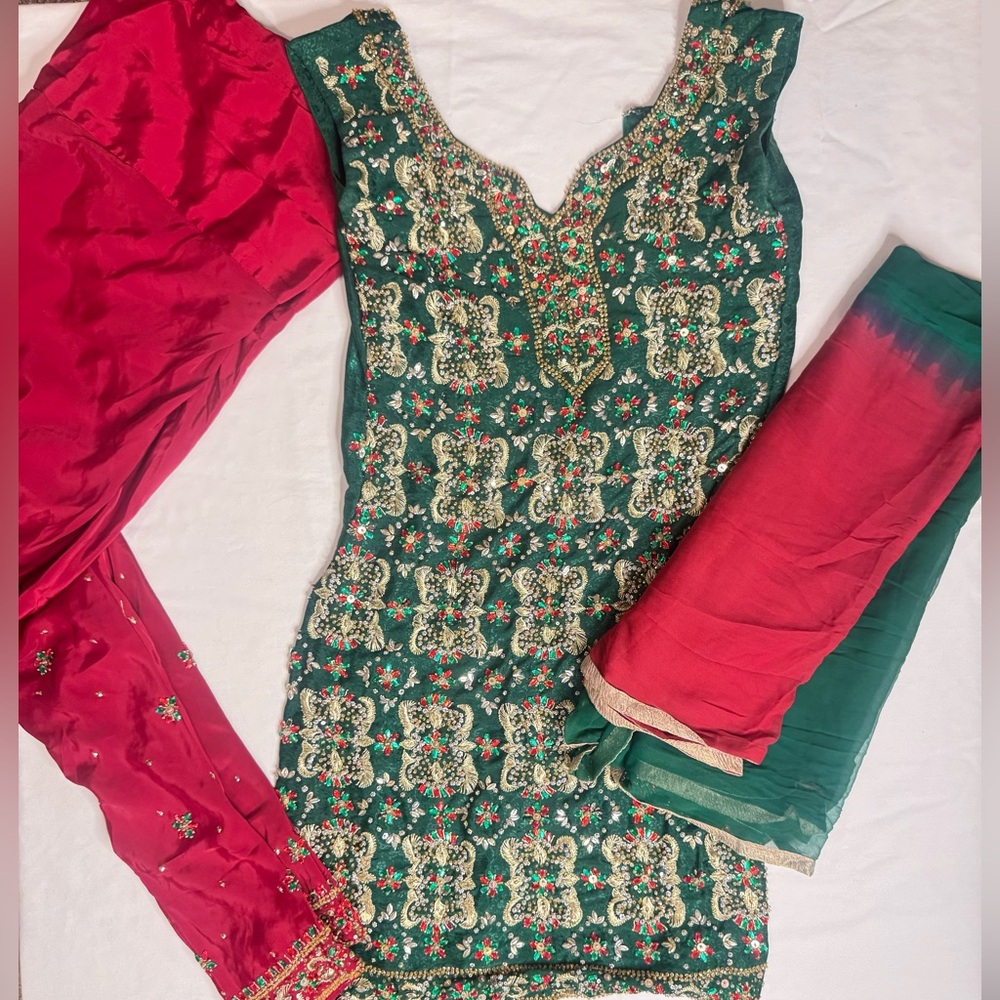 Indian Punjabi Suit Green and Red
